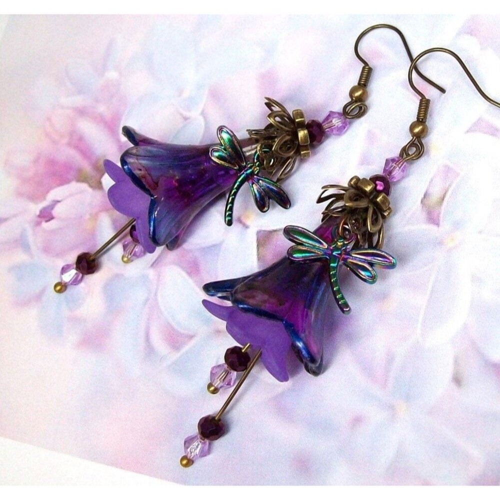 Dragonfly Earrings Purple Boho Floral Dangles, Hand Painted, Antique Bronze, Art